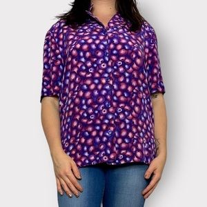 Vintage 1990s Liz Claiborne, neon, cherry print, silk, short sleeve blouse